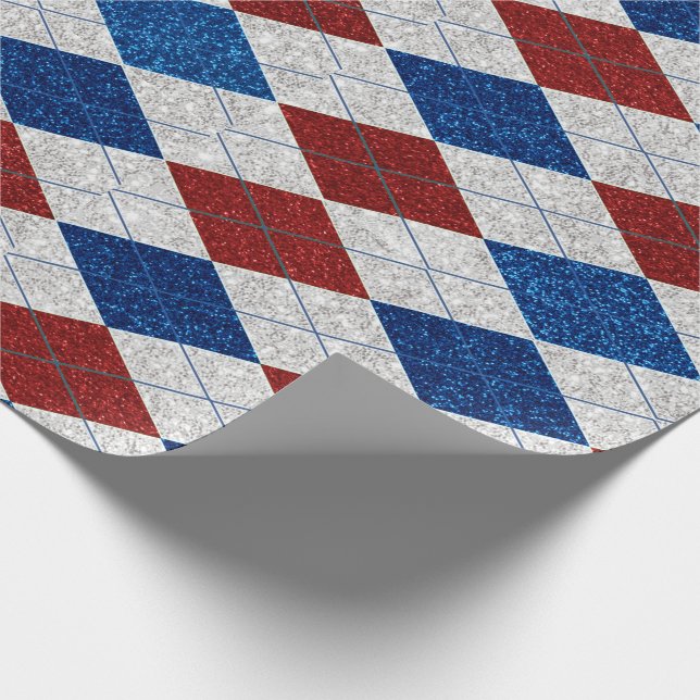 Red, White, Blue Argyle July 4 Glitter Wrapping Paper (Corner)