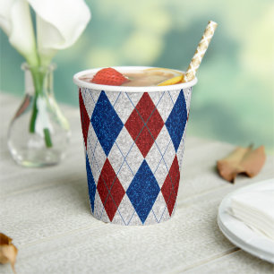 Red, White & Blue Argyle July 4th Glitter Paper Cups