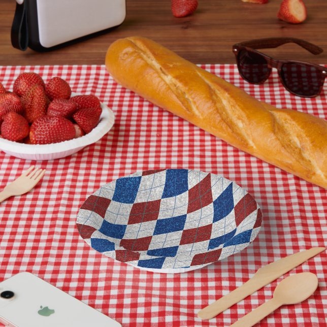 Red, White & Blue Argyle July 4th Glitter Paper Plate (Picnic)