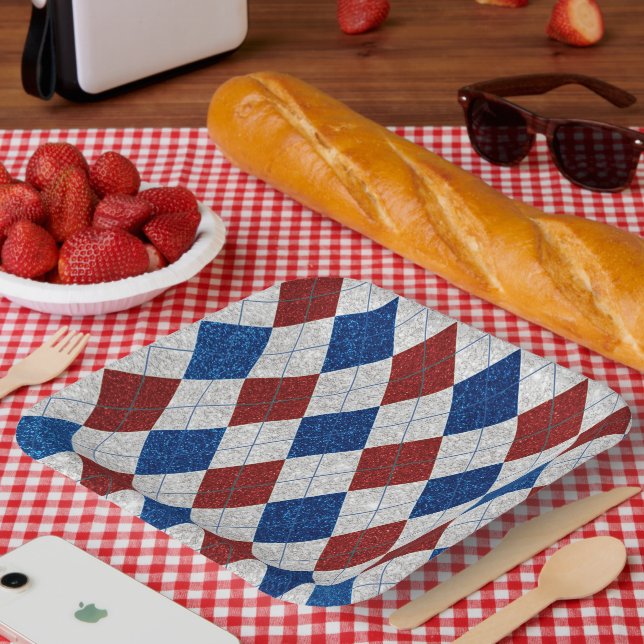 Red, White & Blue Argyle July 4th Glitter Paper Plate (Picnic)