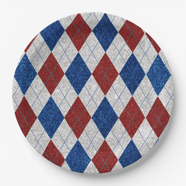 Red, White & Blue Argyle July 4th Glitter Paper Plate (Front)