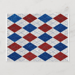 Red, White & Blue Argyle July 4th Glitter Postcard