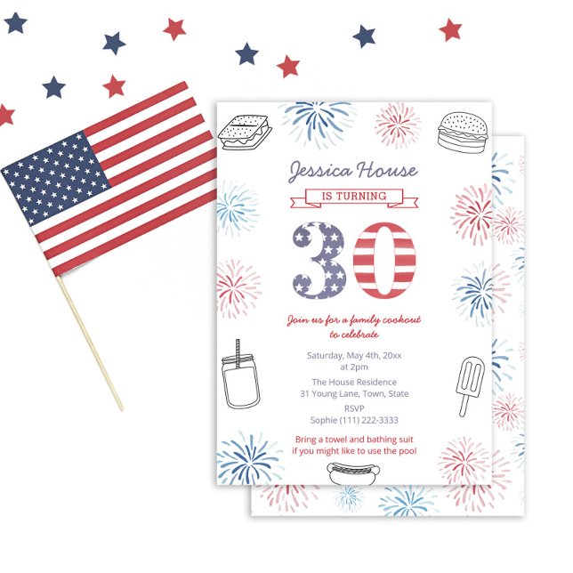 Red White Blue Backyard Family 30th Birthday Party Invitation (Red White And Blue Fireworks Invitation Design For A Patriotic 30th Birthday Party)