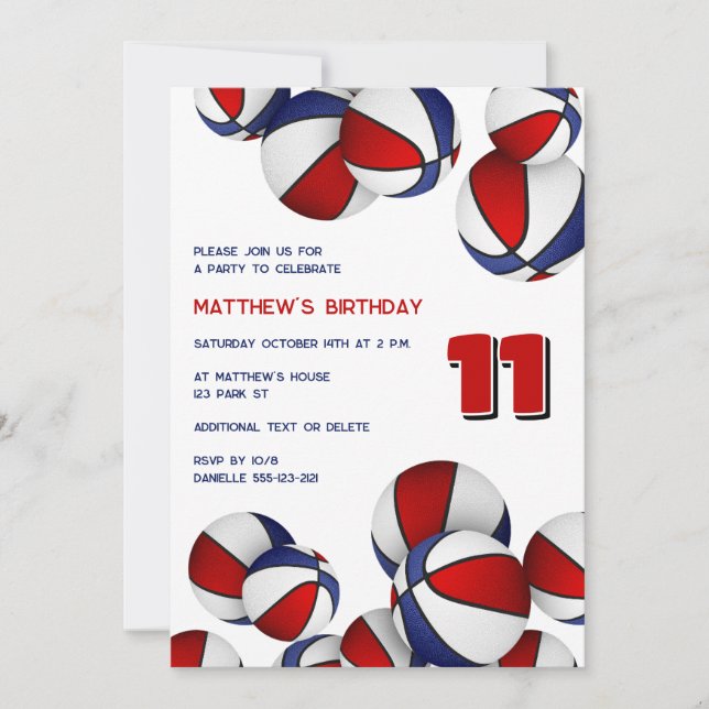 red white blue basketballs kids sports birthday invitation (Front)