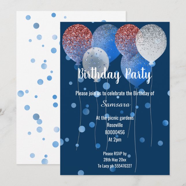 RED WHITE & BLUE BIRTHDAY BALLOON NAVY  SPOT INVITATION (Front/Back)