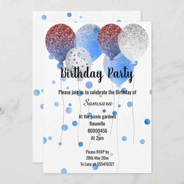 RED WHITE & BLUE BIRTHDAY BALLOON SPOTTED INVITATION (Front/Back)