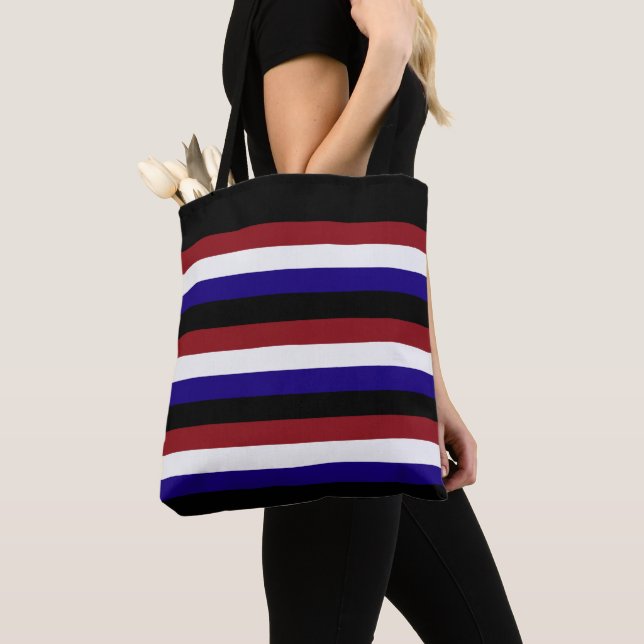 Red White Blue Black Striped Tote Bag (Close Up)