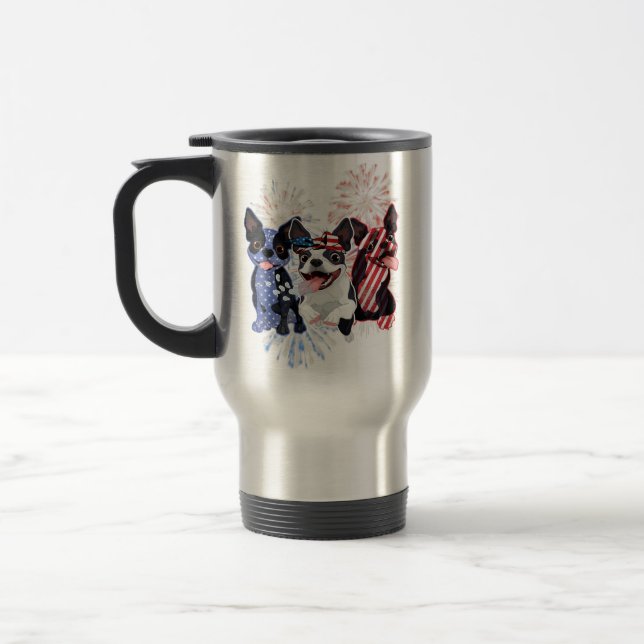 Red White Blue Boston Terrier USA Flag 4th Of July Travel Mug (Left)