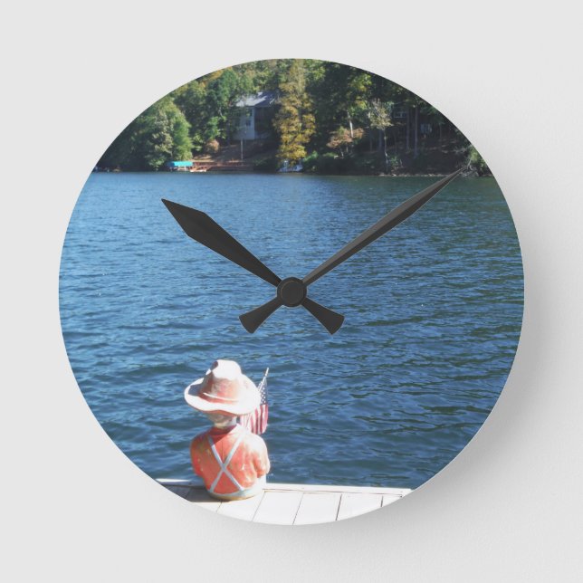 Red, White ,Blue: Boy Sitting on Dock with Flag Round Clock (Front)