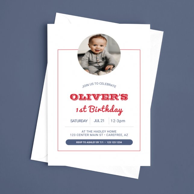 Red White Blue Boys Photo 1st Birthday Invitation (Creator Uploaded)