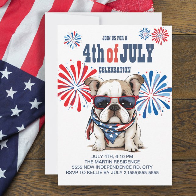 Red White Blue Bulldog Sunglasses 4th of July Invitation (Creator Uploaded)