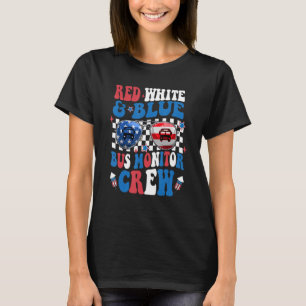 Red White Blue Bus Monitor Crew Groovy 4th Of July T-Shirt