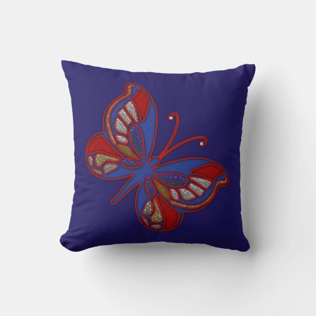 Red White Blue Butterfly-Blue Sq Throw Pillow (Front)