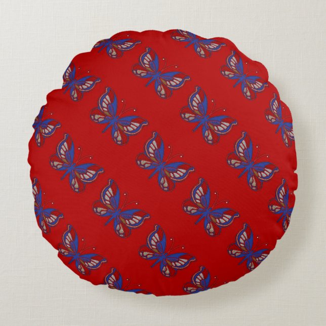 Red White Blue Butterfly-Red Round Pillow (Front)