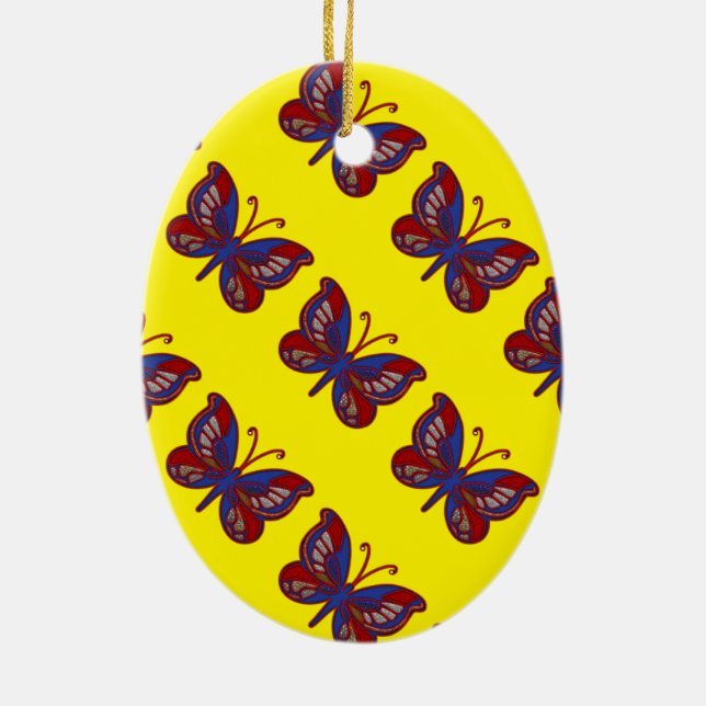 Red White Blue Butterfly-Yellow Oval Ornament (Back)