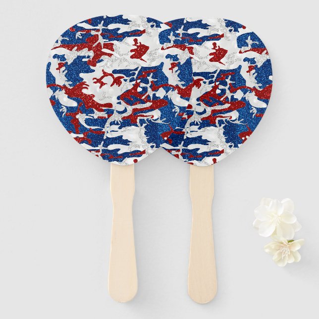 Red, White & Blue Camo July 4th Glitter Hand Fan (Front and Back)