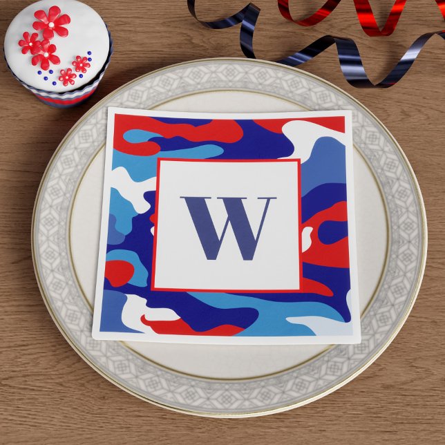 Red White Blue Camo Monogram Party Napkins (Here's some camouflage paper napkins just for you in the colors of red, white and blue.)