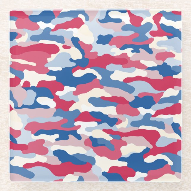 Red White & Blue Camouflage Glass Coaster (Front)