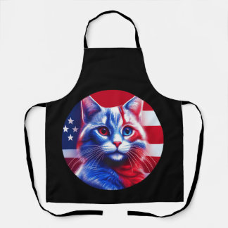 Red White & Blue Cat With American Flag Background Apron