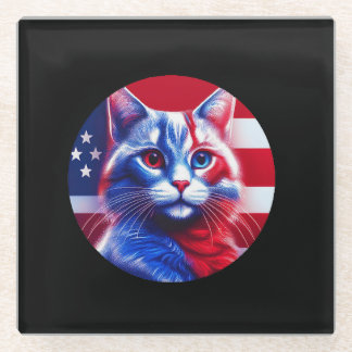 Red White & Blue Cat With American Flag Background Glass Coaster