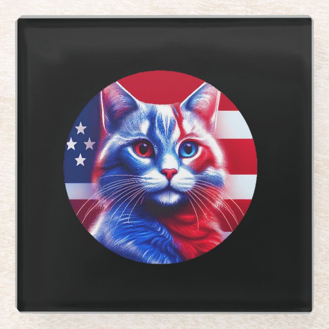 Red White & Blue Cat With American Flag Background Glass Coaster (Front)