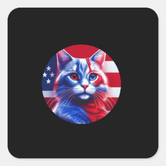 Red White & Blue Cat With American Flag Background Square Sticker
