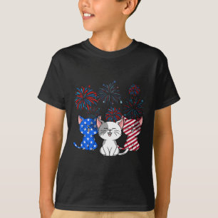 Red White Blue Cats Usa Flag Firework 4th Of July  T-Shirt