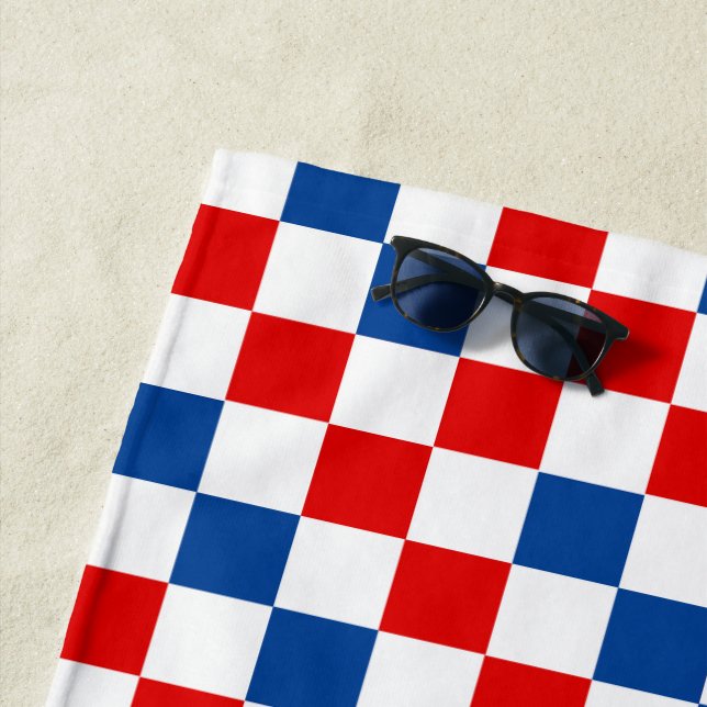 Red White Blue Chequered Pattern Design  Beach Towel (In Situ)