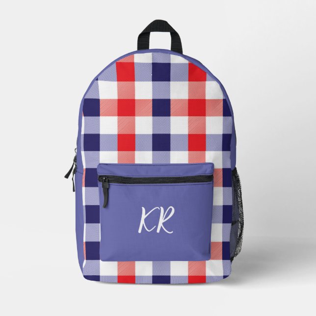 Red White Blue Chequered Plaid Pattern Initials Printed Backpack (Front)