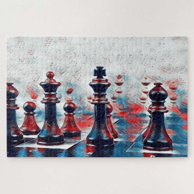 Red, White, Blue Chess Pieces King, Queen, Bishop Jigsaw Puzzle (Horizontal)