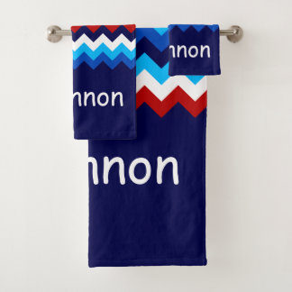 Red White Blue Chevrons Monogram Bath Towel Set