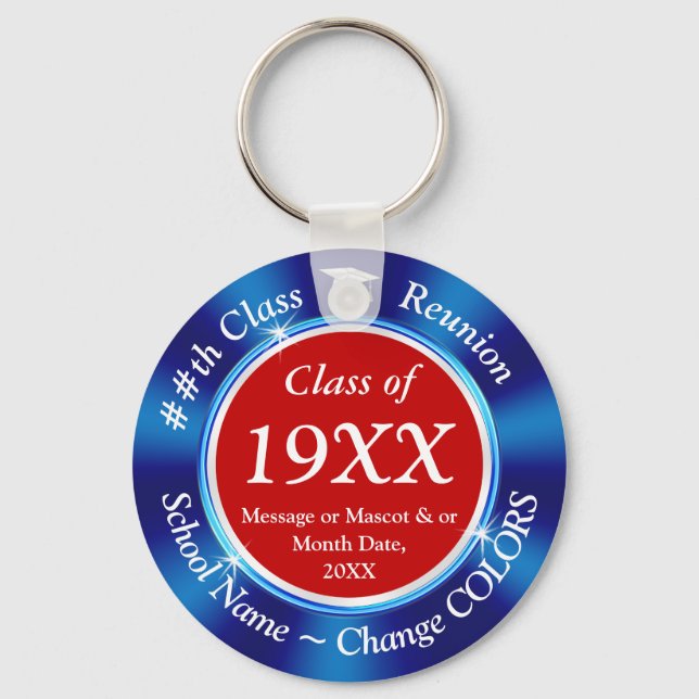 Red White Blue Class Reunion Favours, Personalised Key Ring (Front)