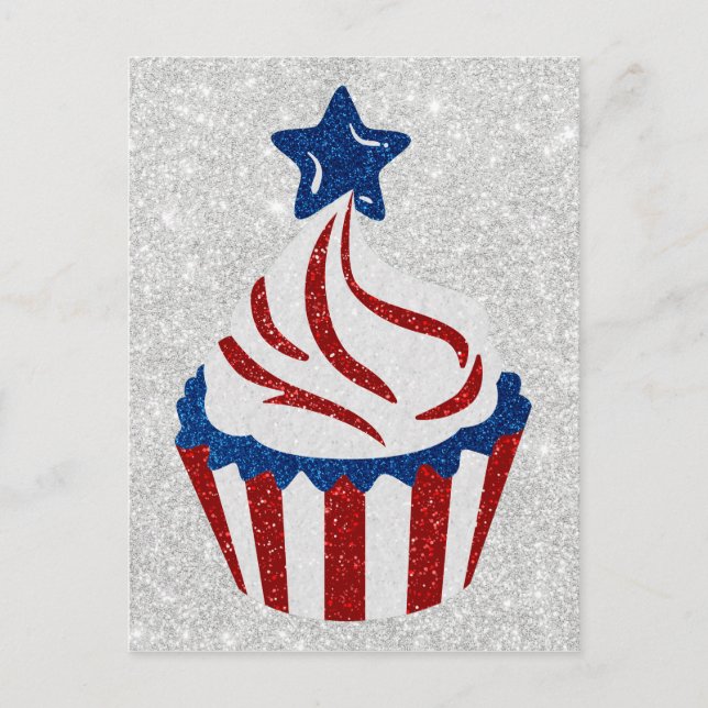 Red, White & Blue Cupcake July 4th Glitter Postcard (Front)