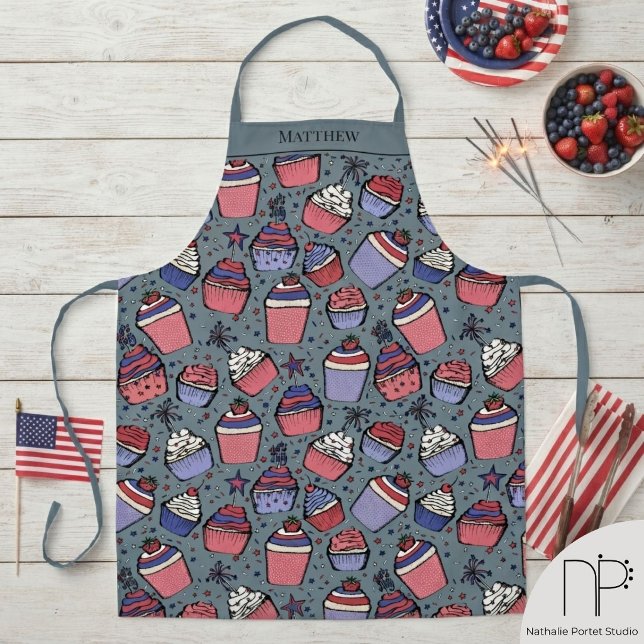 Red White Blue Cupcakes Fourth Of July Apron (This Red White Blue Cupcakes Fourth Of July Apron features hand-drawn patriotic baking art.)