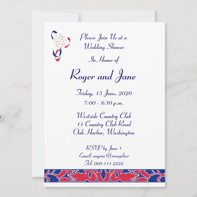 Red, White, & Blue, Damask Bridal Shower Invitation (Front)