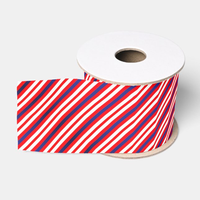 Red White Blue Diagonal Stripes Modern Pattern Grosgrain Ribbon (Spool)