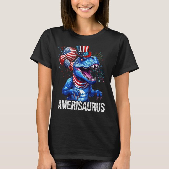 Red White Blue Dinosaur Amerisaurus Firework 4th O T-Shirt (Front)