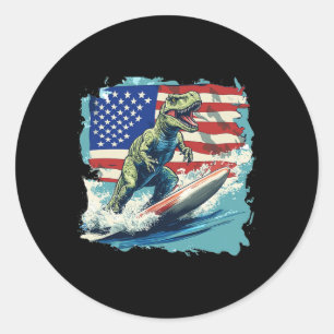 Red White Blue Dinosaur Surfing For Patriotic Juri Classic Round Sticker