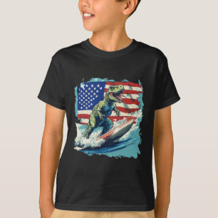 Red White Blue Dinosaur Surfing For Patriotic Juri T-Shirt