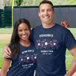 Red White Blue Fireworks July 4th Baseball Crew T-Shirt<br><div class="desc">Super fun and festive t-shirt featuring baseball fireworks, and 3 lines of custom text. Perfect as matching friends and family shirts for your 4th of July party, baseball game outing, baseball-loving family reunion shirts or just everyday fun. Also great for Memorial Day or Veteran's Day and the perfect way to...</div>