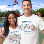 Red White Blue Fireworks July 4th Tennis Team Crew T-Shirt<br><div class="desc">Super fun and festive t-shirt featuring Tennis Ball "fireworks", and 3 lines of custom text. Perfect as matching friends and family shirts for your 4th of July party, Tennis club tournament team shirts, tennis-loving family reunion shirts or just everyday fun. Also great for Memorial Day or Veteran's Day and the...</div>