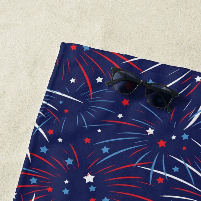 Red White Blue Fireworks Stars Beach Towel (In Situ)
