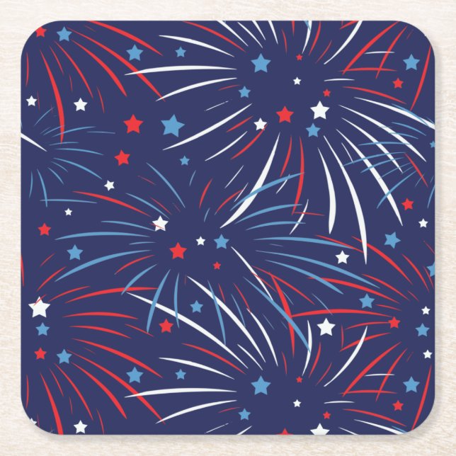 Red White Blue Fireworks Stars Square Paper Coaster (Front)