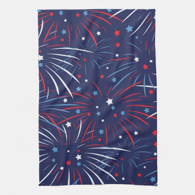 Red White Blue Fireworks Stars Tea Towel (Vertical)