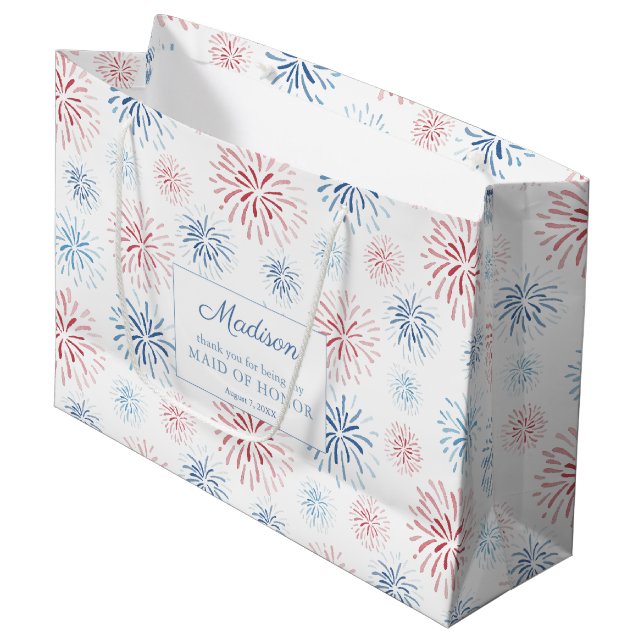 Red White Blue Fireworks Wedding Party Thank You Large Gift Bag (Front Angled)