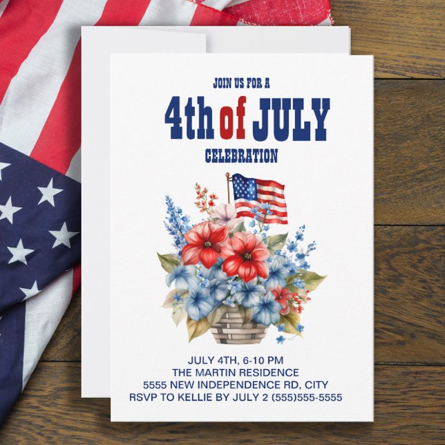 Red White Blue Flag Flowers 4th of July Invitation (Creator Uploaded)