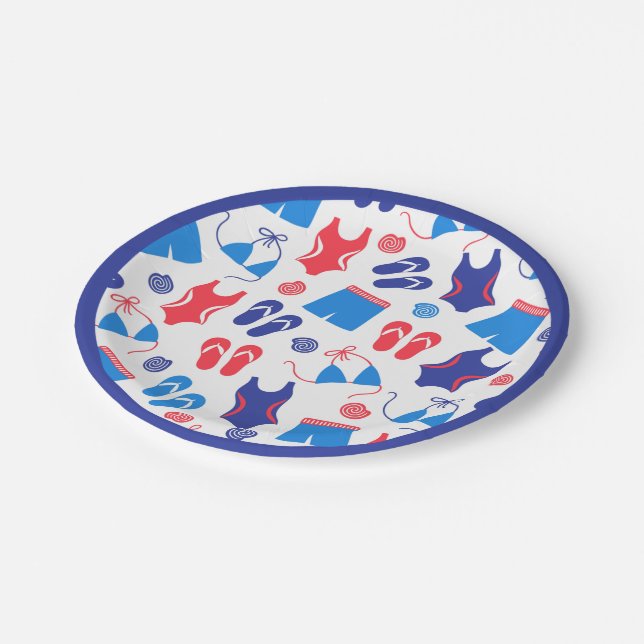 Red White Blue Flip Flop Swimsuit Pattern Paper Plate (Angled)