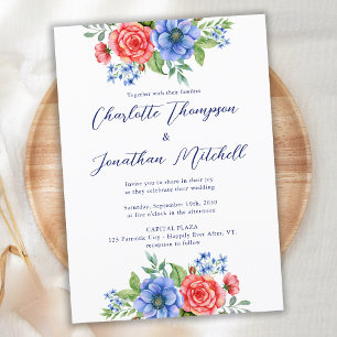 Red White Blue Floral 4th July Patriotic Wedding Invitation