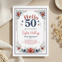 Red White & Blue Floral 50th Birthday Invitation