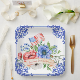 Red, White & Blue Floral American Flag Paper Plate